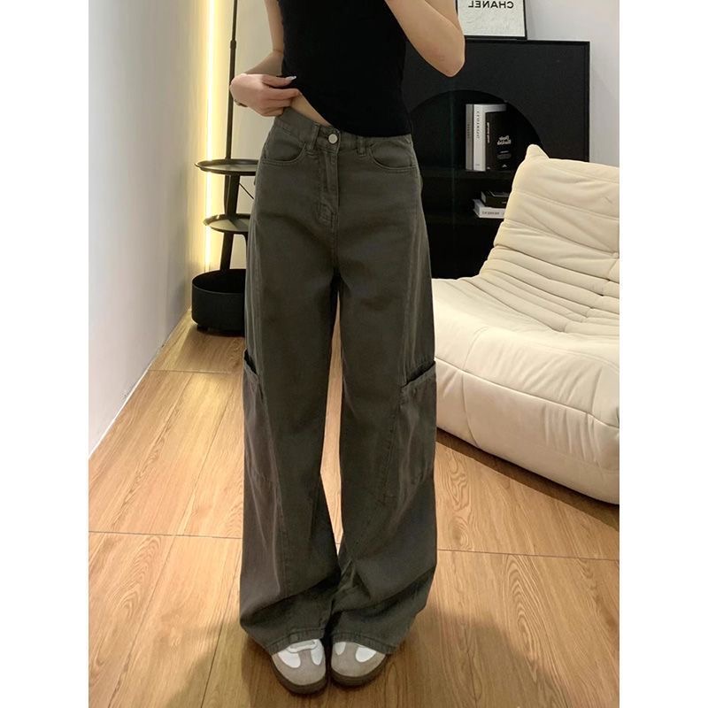 小個子美式灰色微喇闊腿工裝褲女夏季新款高腰寬松顯瘦直筒牛仔褲