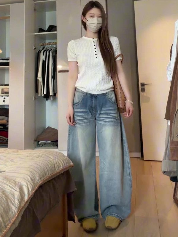 小個子美式復古口袋刺繡彎刀牛仔褲女新款低腰寬松顯瘦闊腿拖地褲