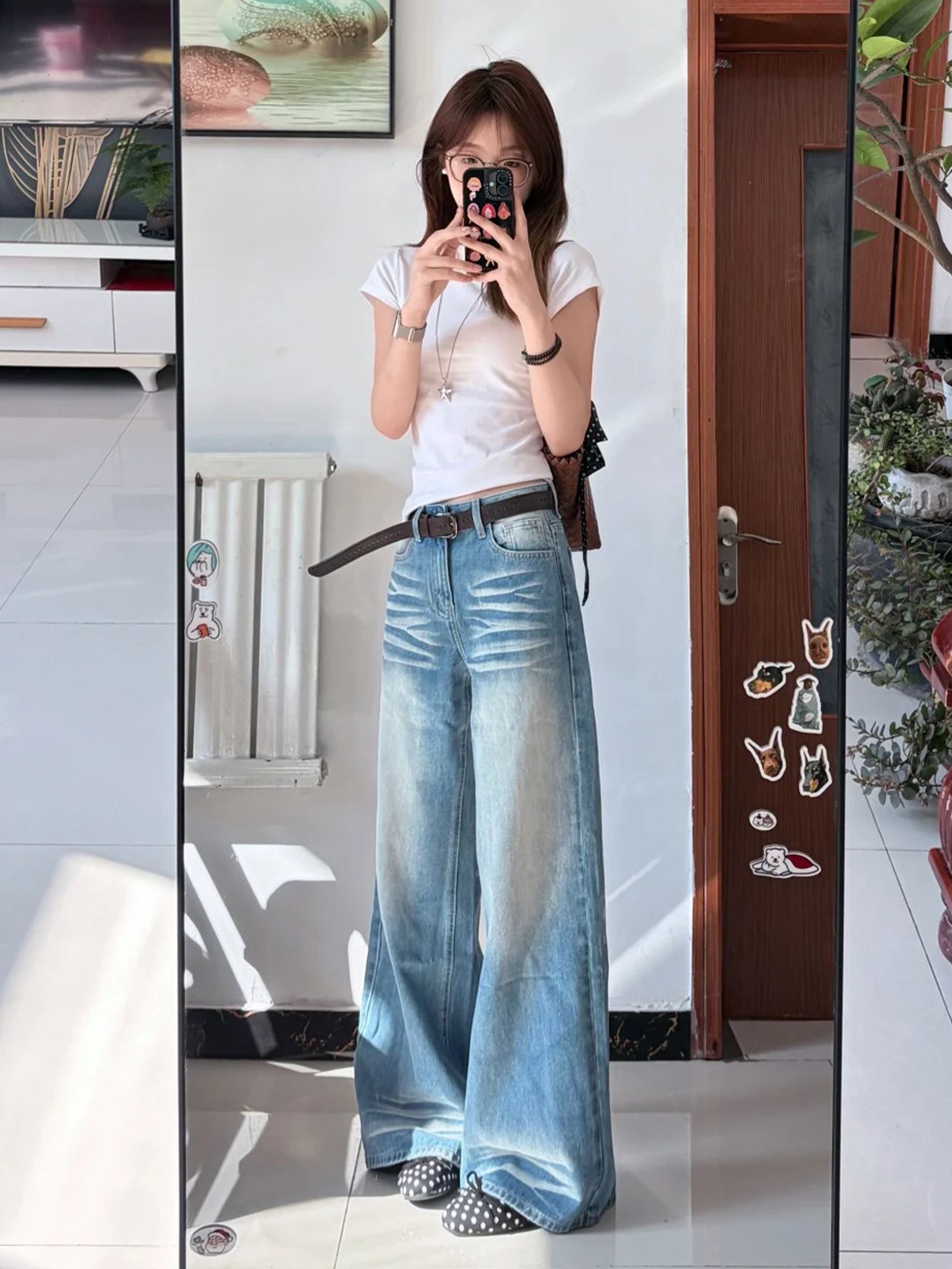 小個子美式藍色折痕水洗寬松闊腿牛仔褲女新款高腰顯瘦直筒拖地褲