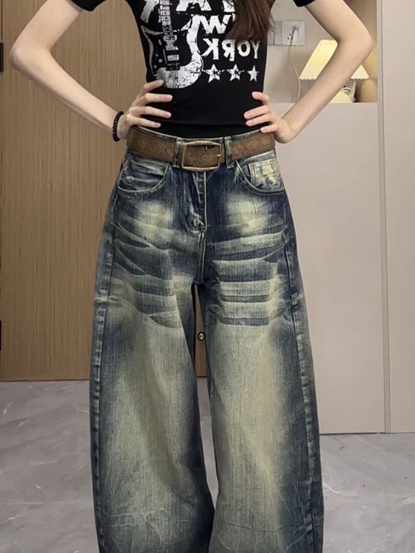 小個子美式高街復古水洗做舊牛仔褲女新款高腰寬松顯瘦闊腿彎刀褲
