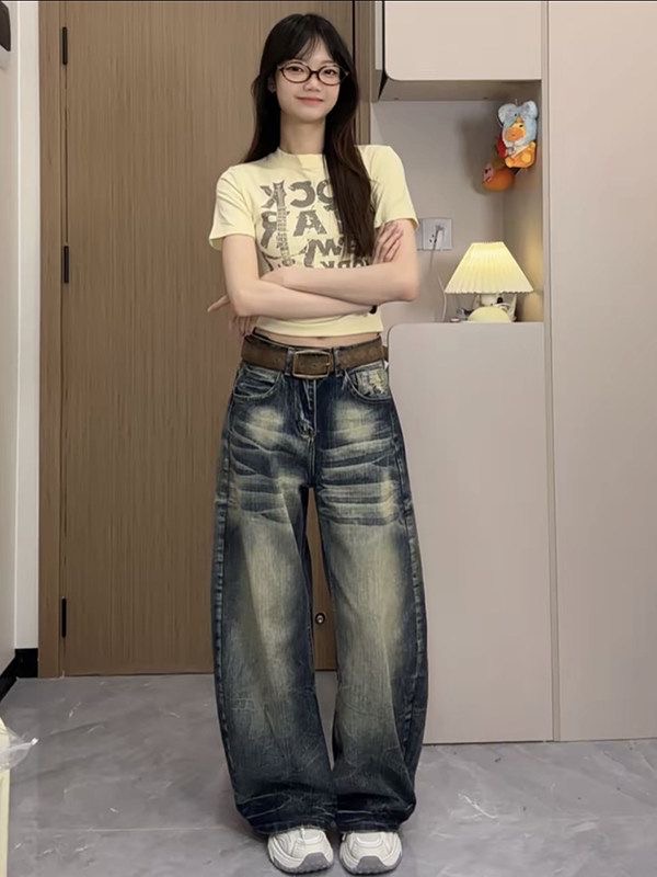 小個子美式高街復古水洗做舊牛仔褲女新款高腰寬松顯瘦闊腿彎刀褲