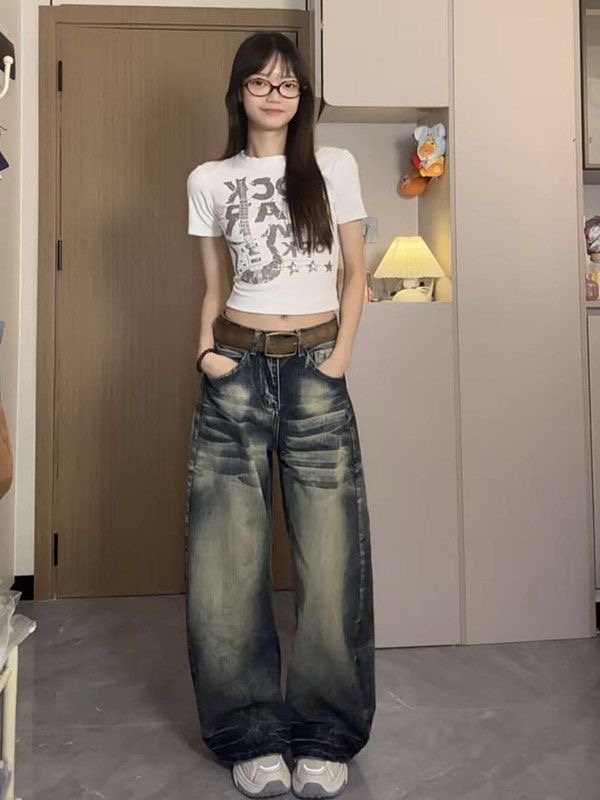 小個子美式高街復古水洗做舊牛仔褲女新款高腰寬松顯瘦闊腿彎刀褲