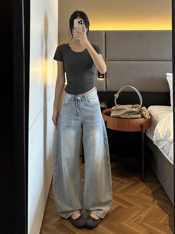 小個子美式復古口袋刺繡彎刀牛仔褲女新款高腰寬松顯瘦闊腿拖地褲