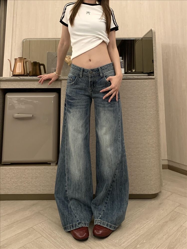小個子美式復古低腰微喇牛仔褲女新款辣妹寬松顯瘦直筒喇叭褲