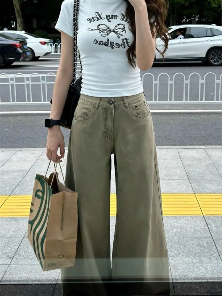 小個子美式復古卡其色直筒休閑闊腿牛仔褲女新款高腰寬松拖地長褲