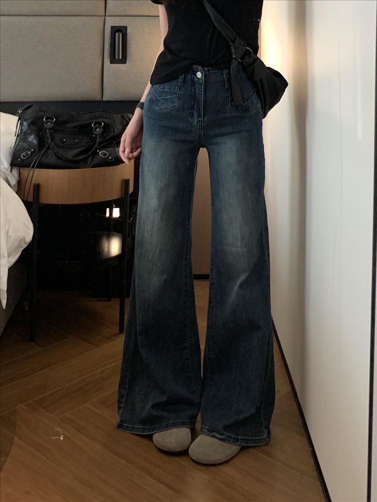 小個子美式高街闊腿微喇牛仔褲女設計感高腰彈力馬蹄喇叭長褲