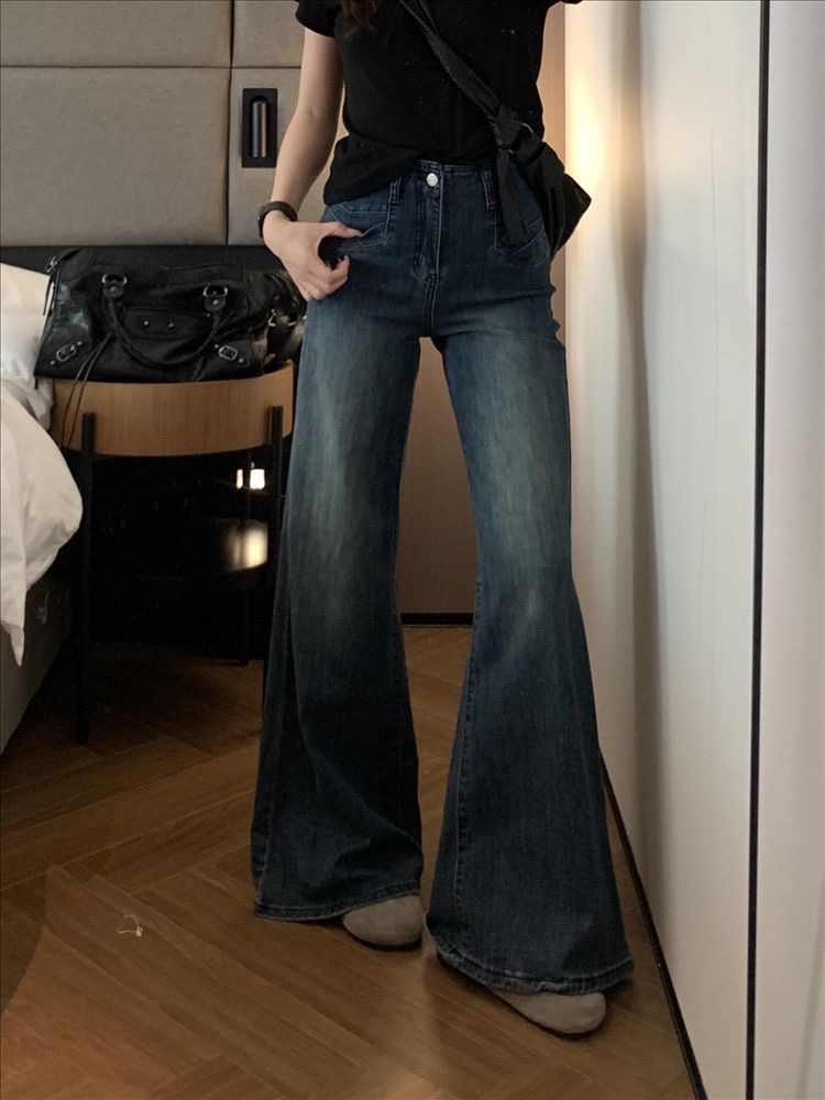 小個子美式高街闊腿微喇牛仔褲女設計感高腰彈力馬蹄喇叭長褲
