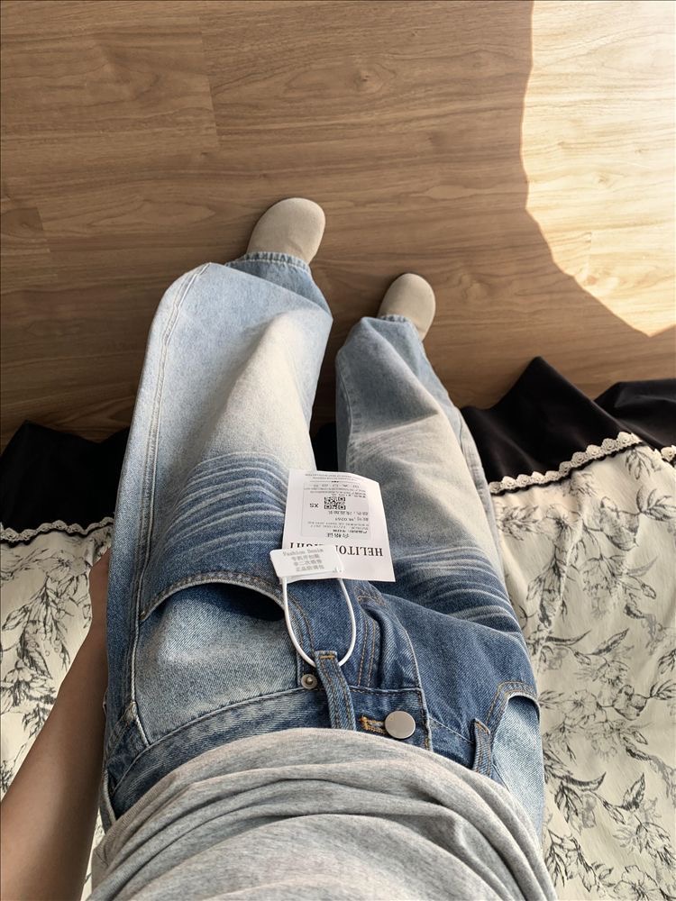 小個子美式復古口袋刺繡彎刀牛仔褲女新款低腰寬松顯瘦闊腿拖地褲
