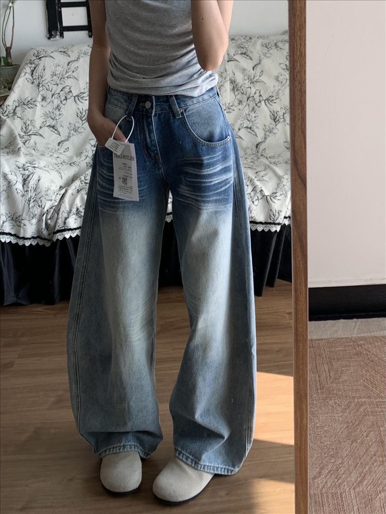 小個子美式復古口袋刺繡彎刀牛仔褲女新款低腰寬松顯瘦闊腿拖地褲