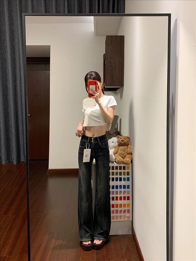 小個子美式復古辣妹高腰窄版微喇牛仔褲女直筒修身彈性喇叭褲