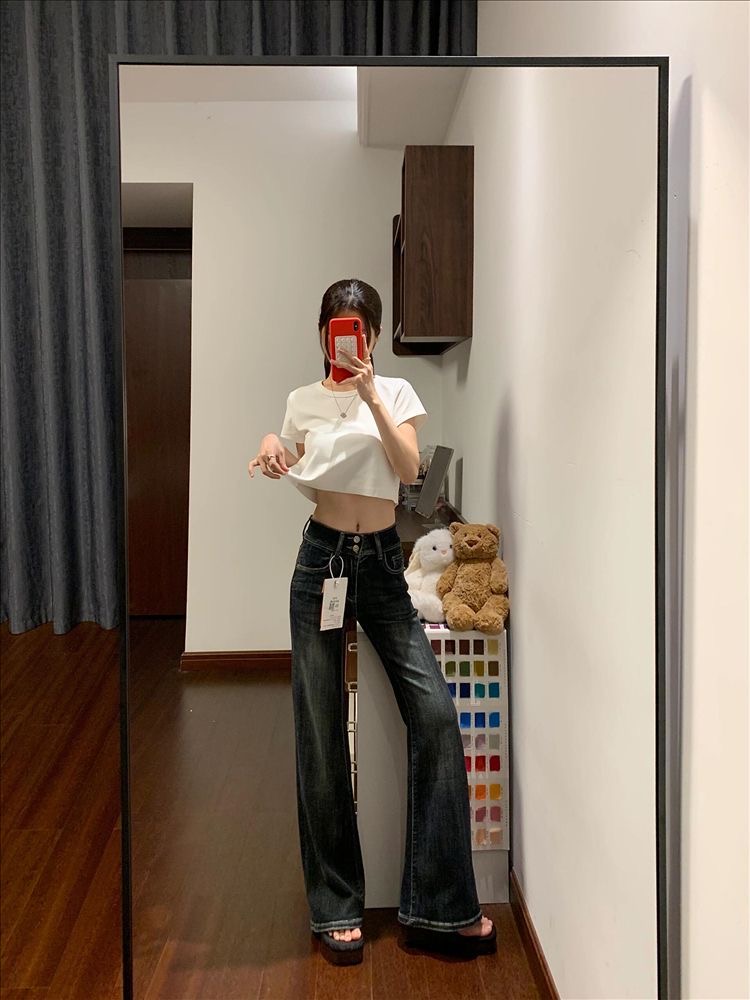 小個子美式復古辣妹高腰窄版微喇牛仔褲女直筒修身彈性喇叭褲