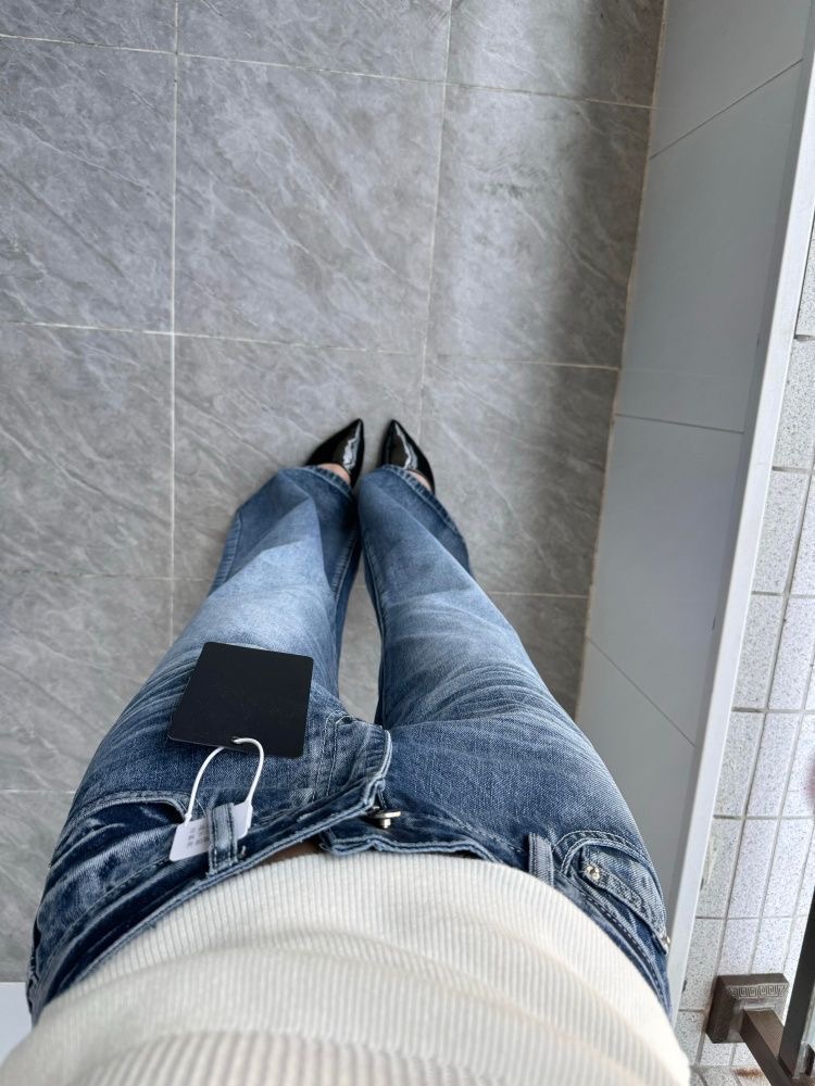 小個子復古設計感裂紋微喇牛仔褲女新款高腰寬松顯瘦喇叭闊腿長褲