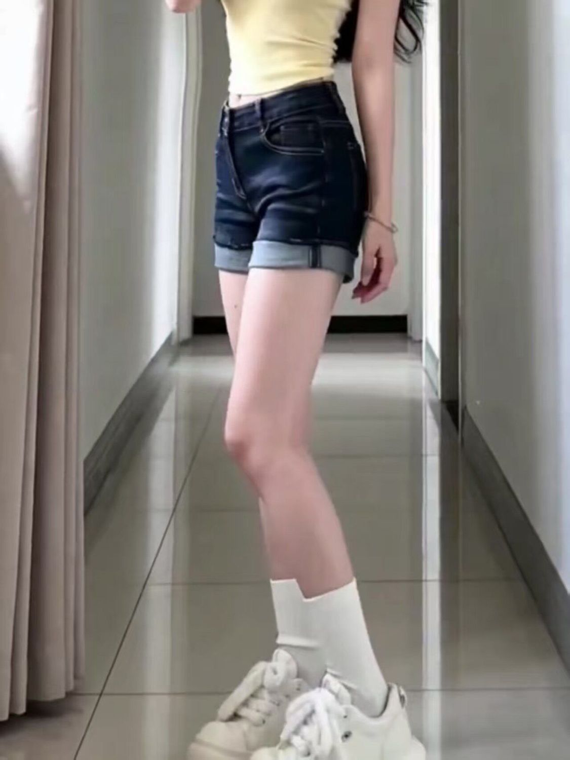 小個子美式水洗翻邊牛仔短褲女夏季辣妹高腰顯瘦彈力a字包臀熱褲