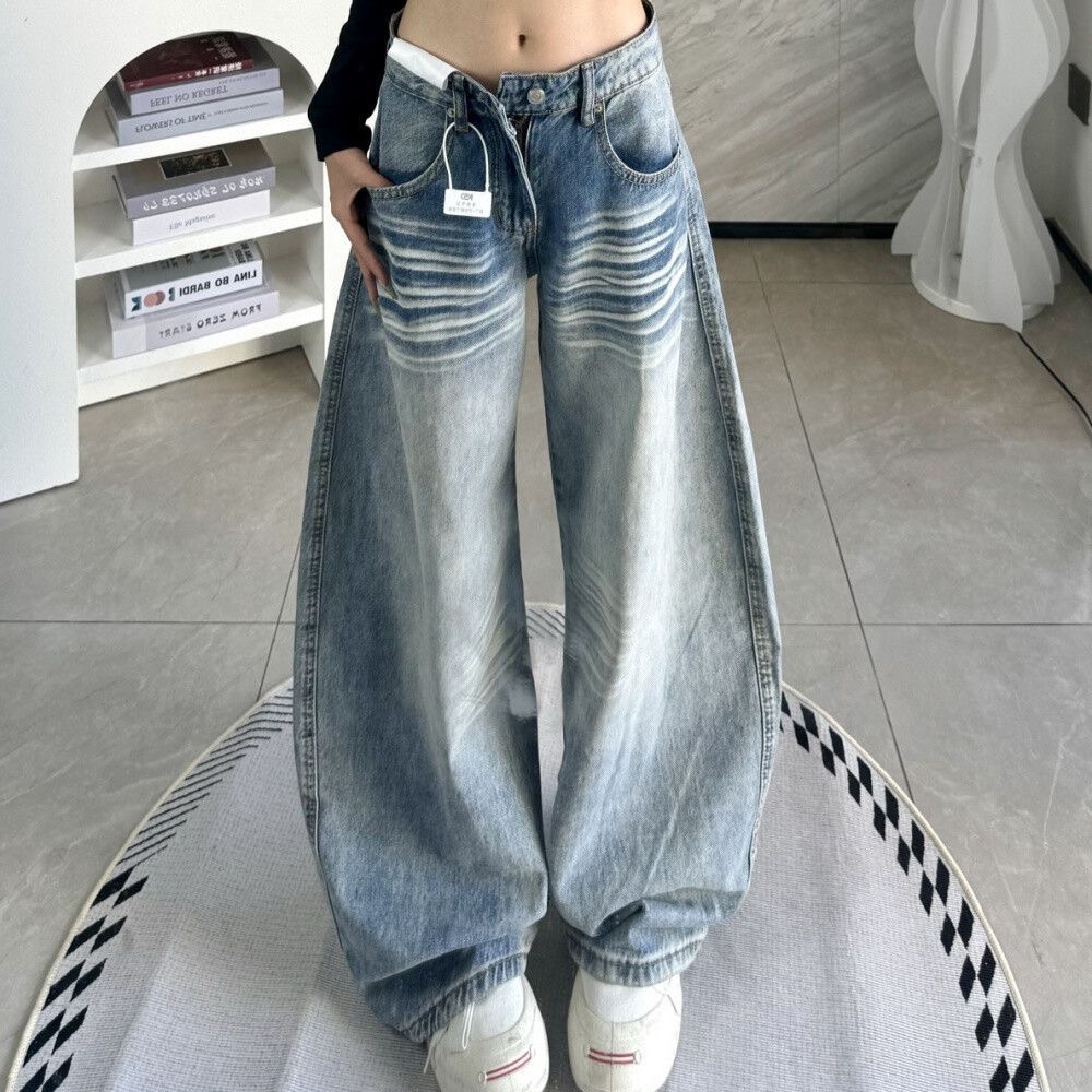 小個子復古刺繡彎刀闊腿牛仔褲女低腰寬松直筒顯瘦拖地長褲