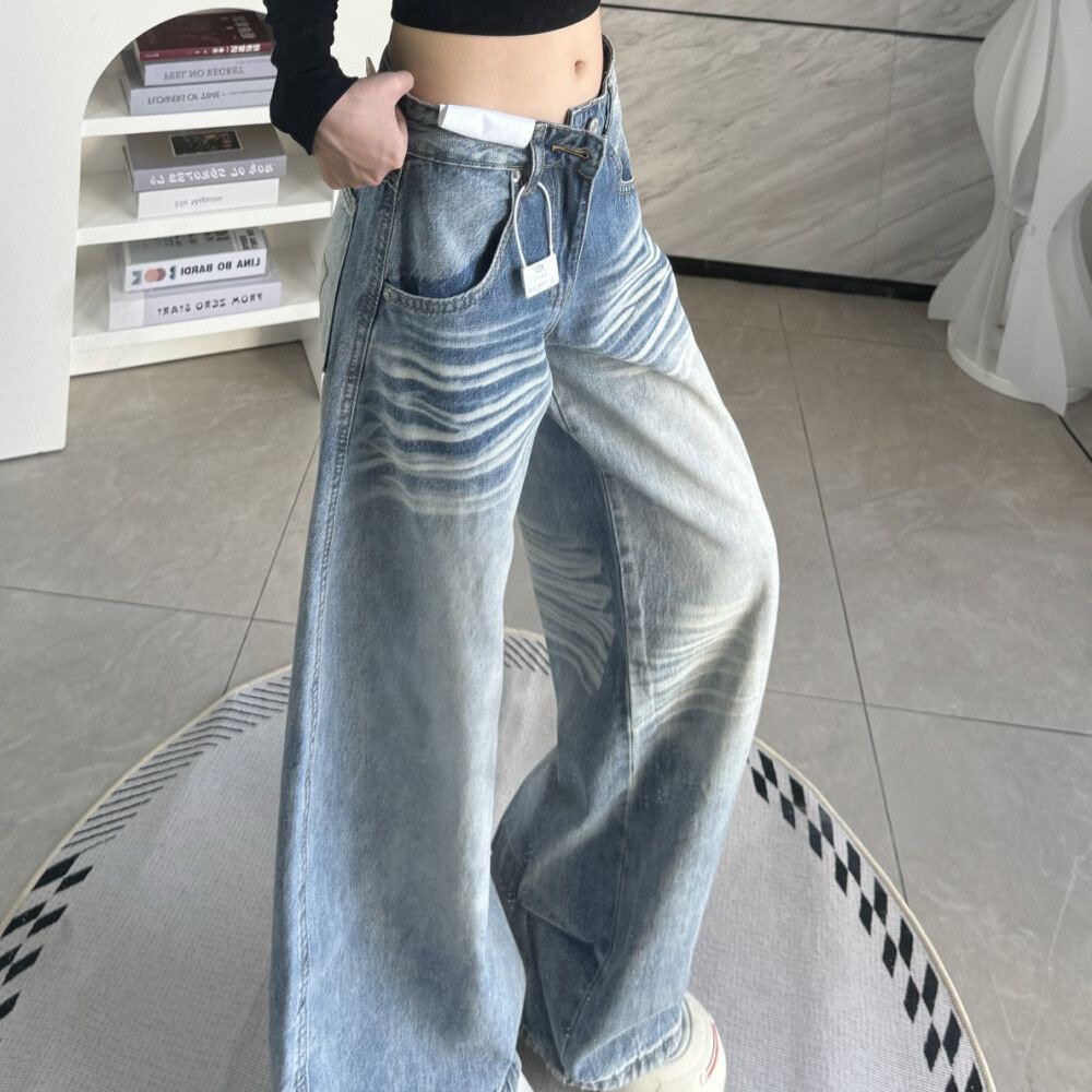 小個子復古刺繡彎刀闊腿牛仔褲女低腰寬松直筒顯瘦拖地長褲