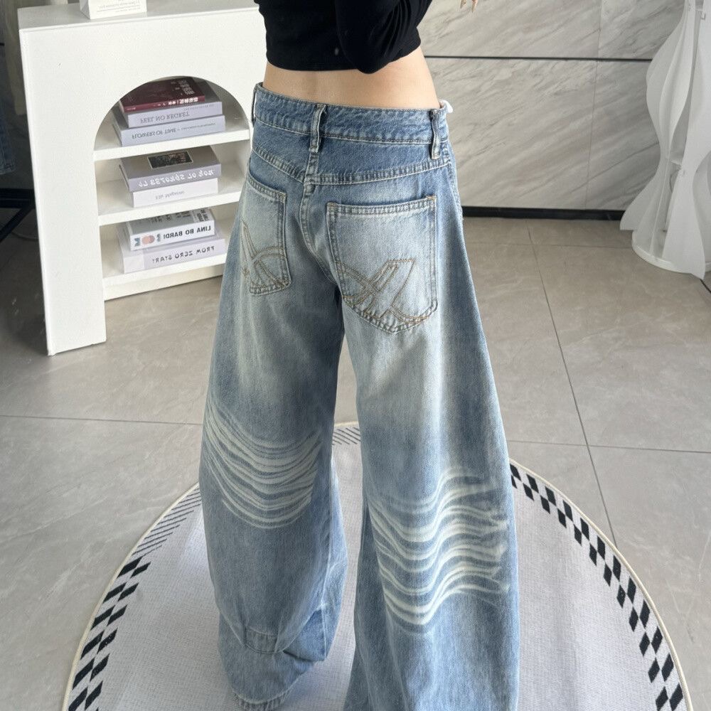 小個子復古刺繡彎刀闊腿牛仔褲女低腰寬松直筒顯瘦拖地長褲