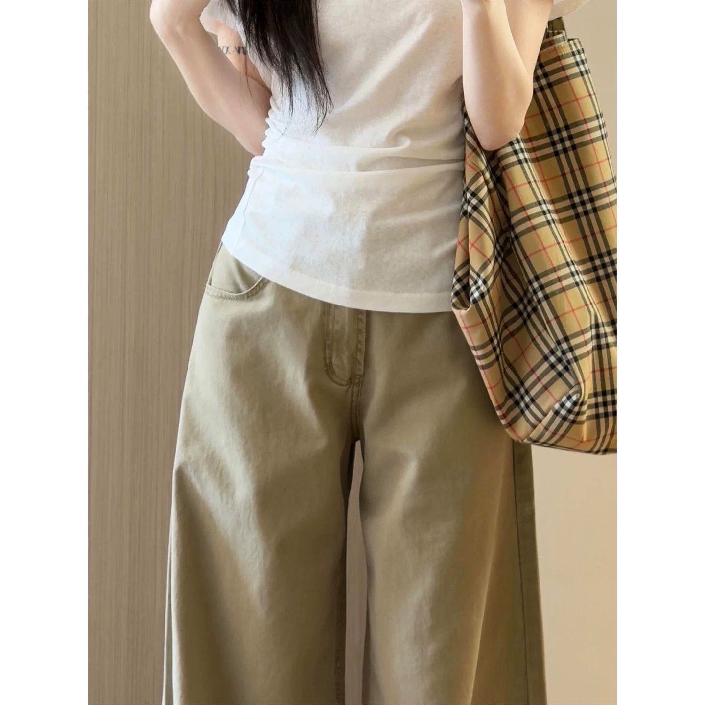 小個子美式復古卡其色直筒休閑闊腿牛仔褲女新款高腰寬松拖地長褲