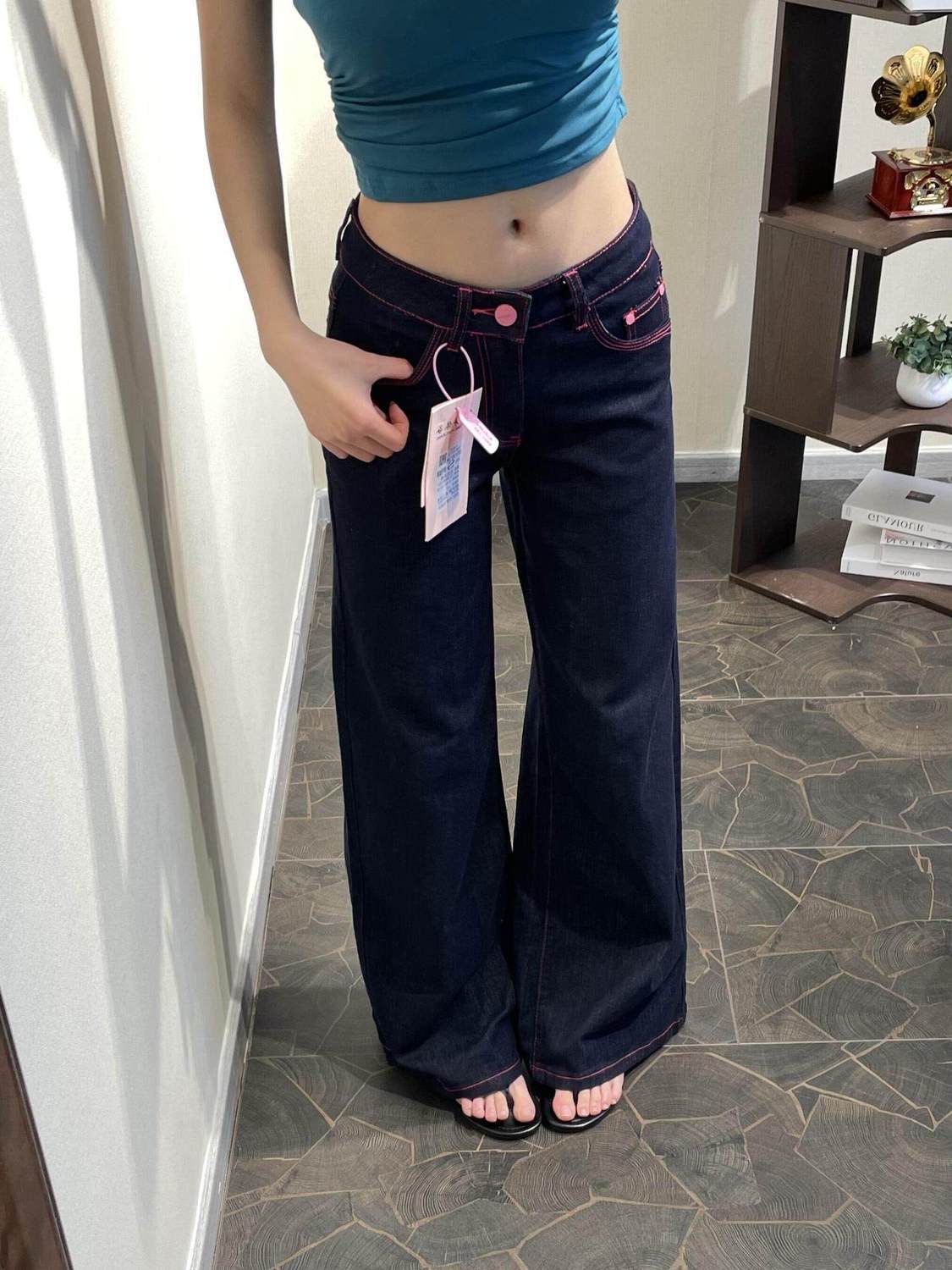 小個子美式復古深藍色低腰闊腿牛仔褲女夏季寬松顯瘦直筒拖地褲子