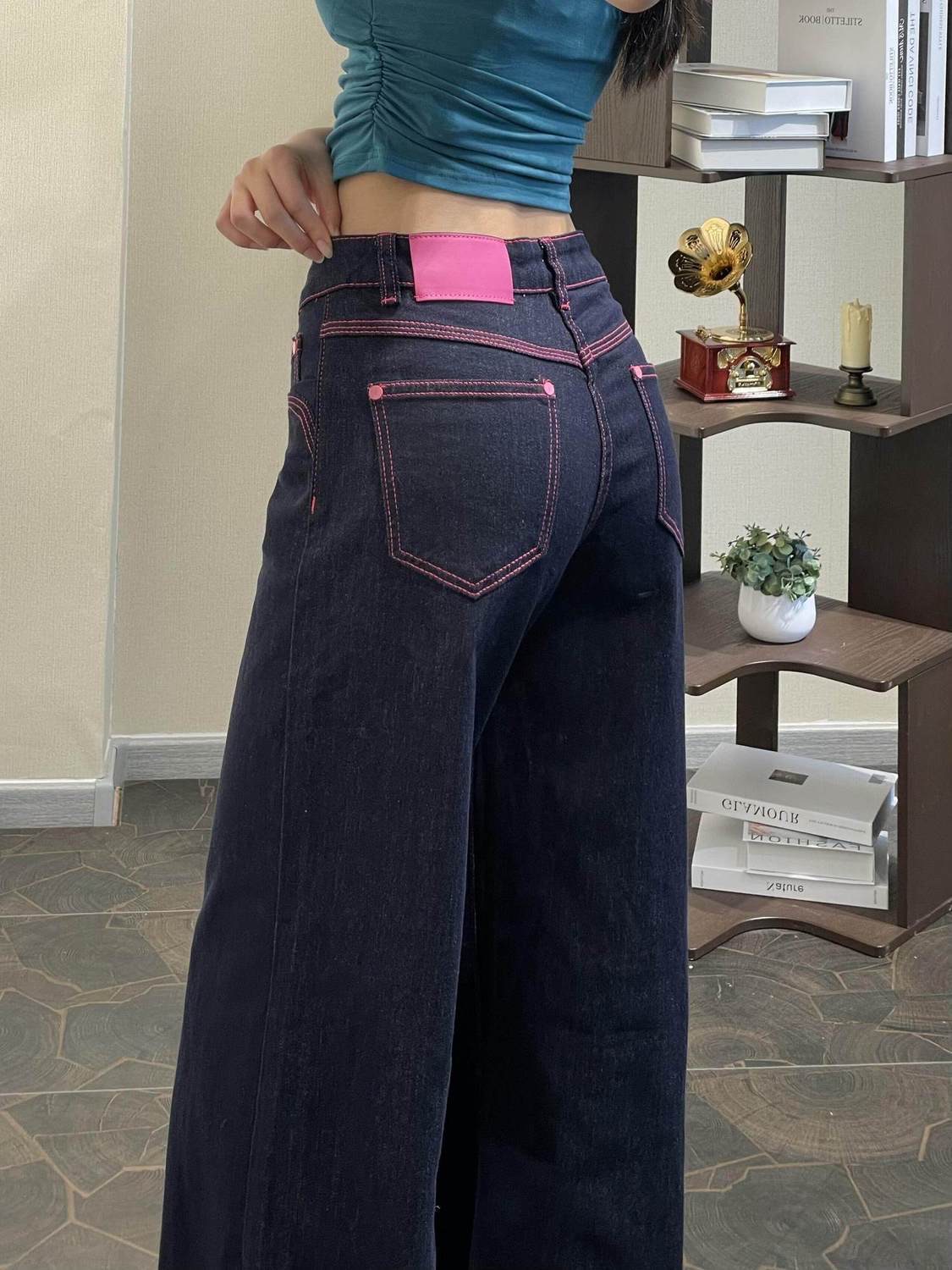 小個子美式復古深藍色低腰闊腿牛仔褲女夏季寬松顯瘦直筒拖地褲子