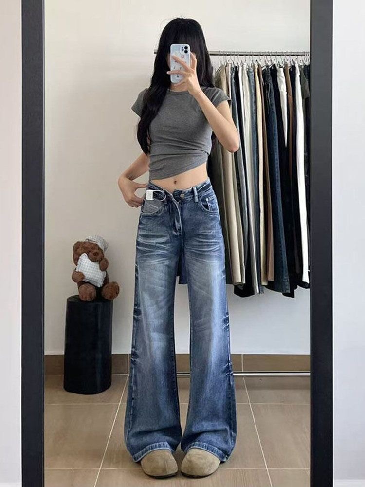 小個子復古設計感裂紋微喇牛仔褲女新款高腰寬松顯瘦喇叭闊腿長褲