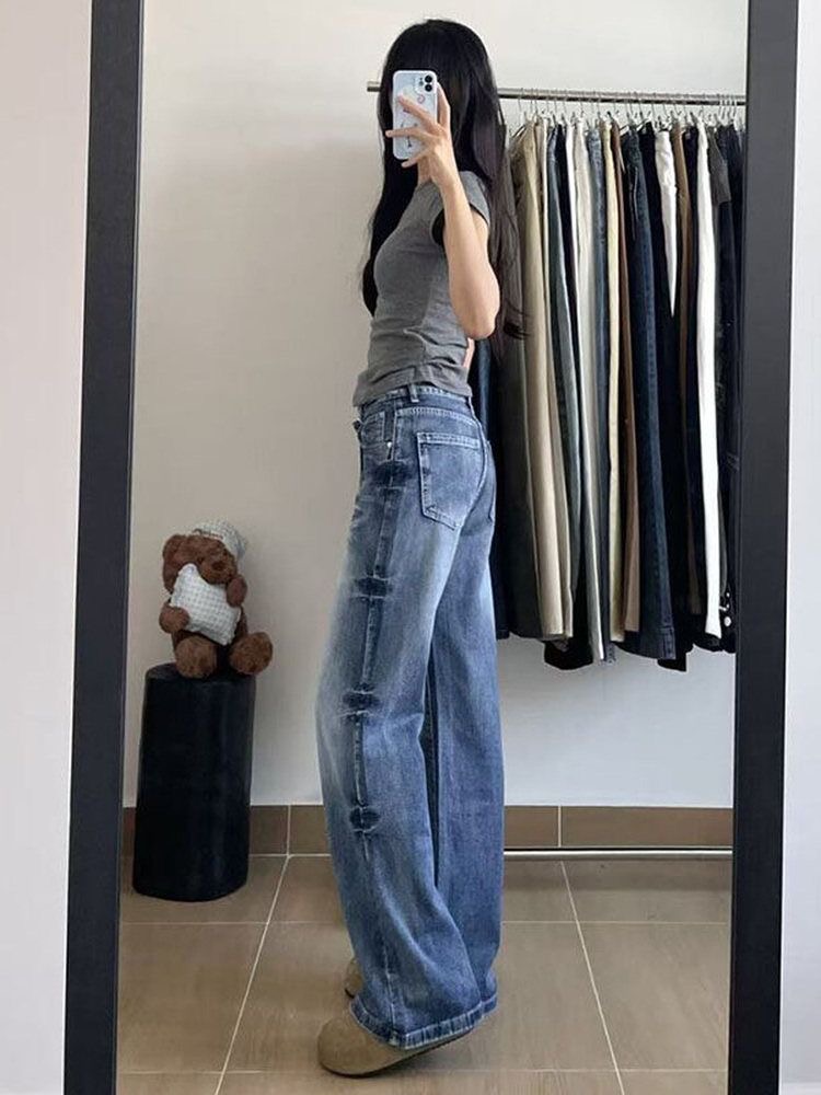 小個子復古設計感裂紋微喇牛仔褲女新款高腰寬松顯瘦喇叭闊腿長褲