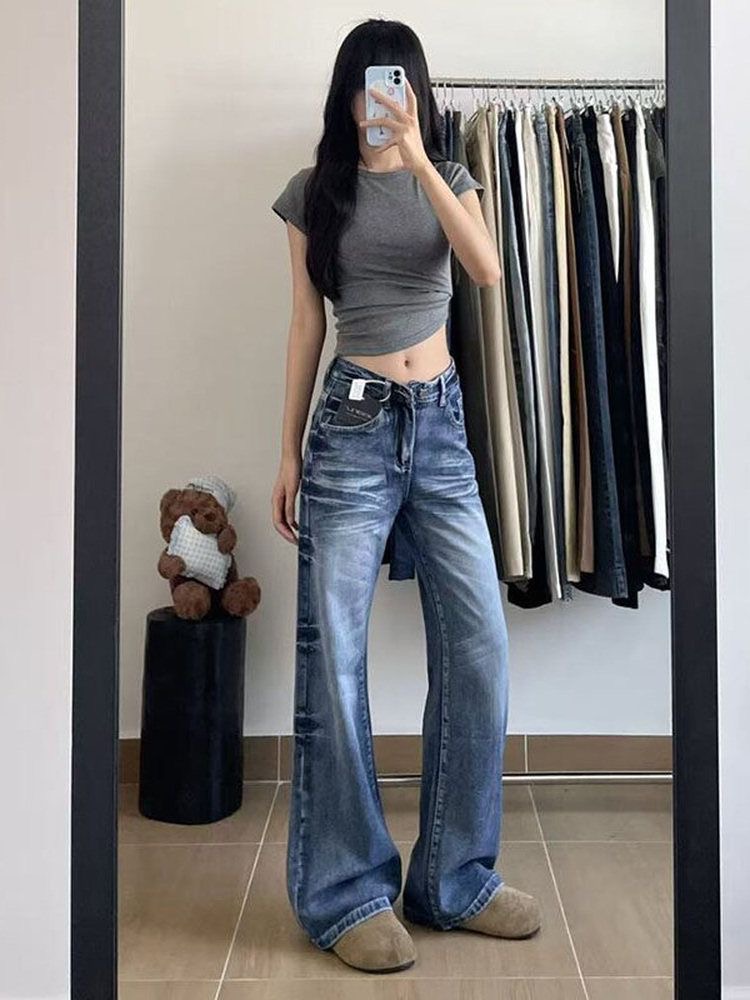 小個子復古設計感裂紋微喇牛仔褲女新款高腰寬松顯瘦喇叭闊腿長褲