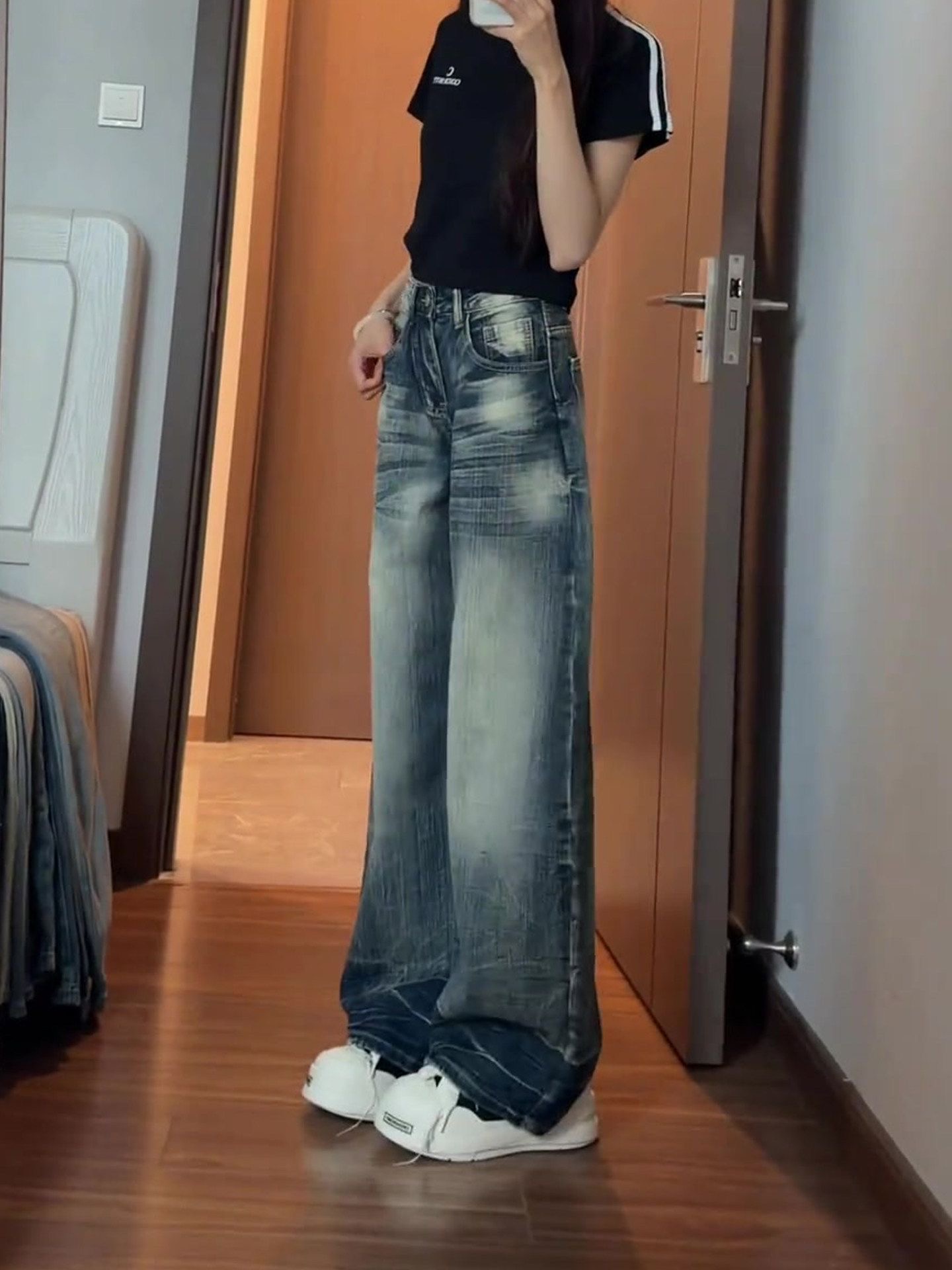 小個子美式水洗竹節紋彎刀牛仔褲女夏季設計感寬松顯瘦闊腿褲