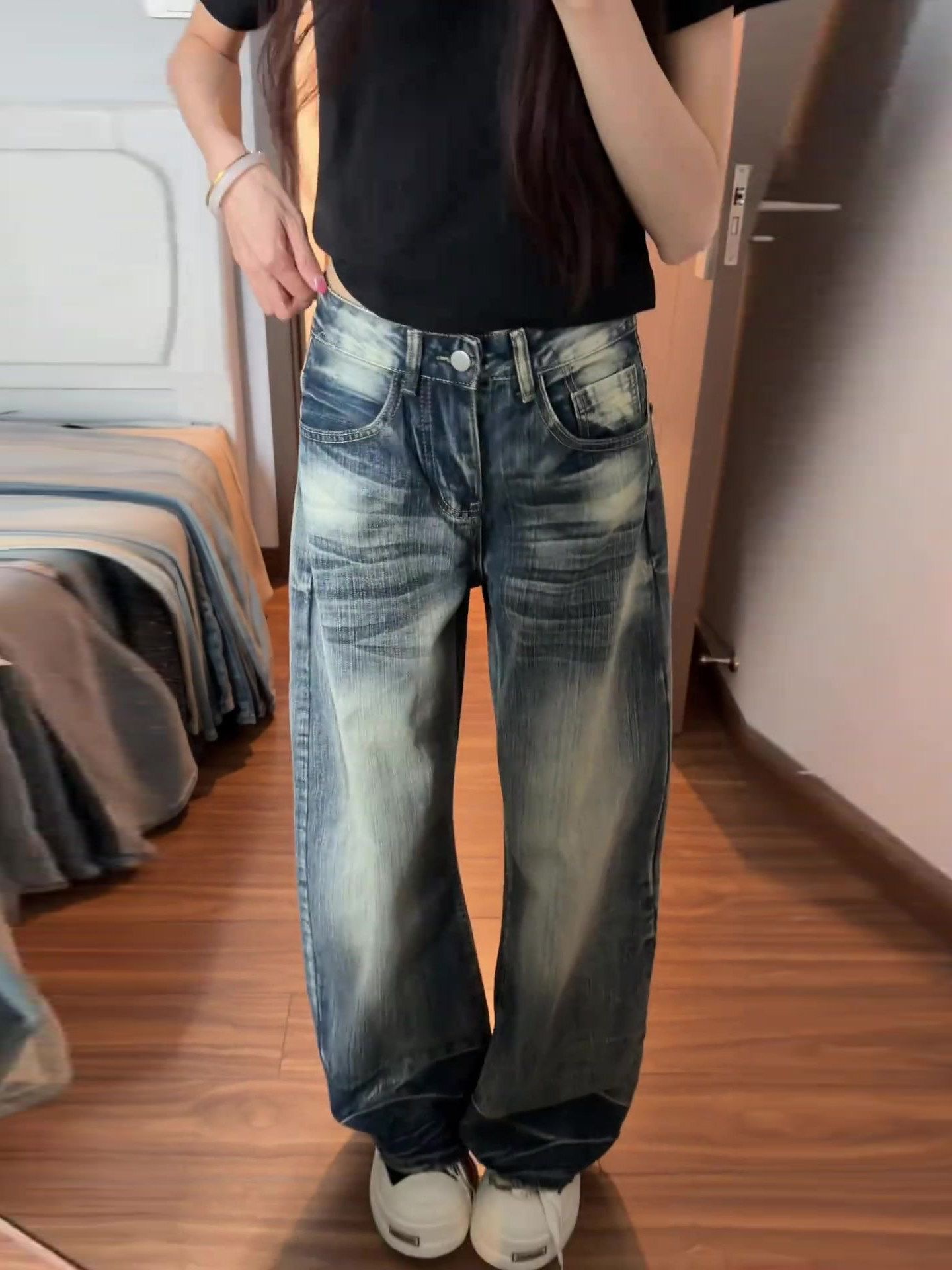 小個子美式水洗竹節紋彎刀牛仔褲女夏季設計感寬松顯瘦闊腿褲