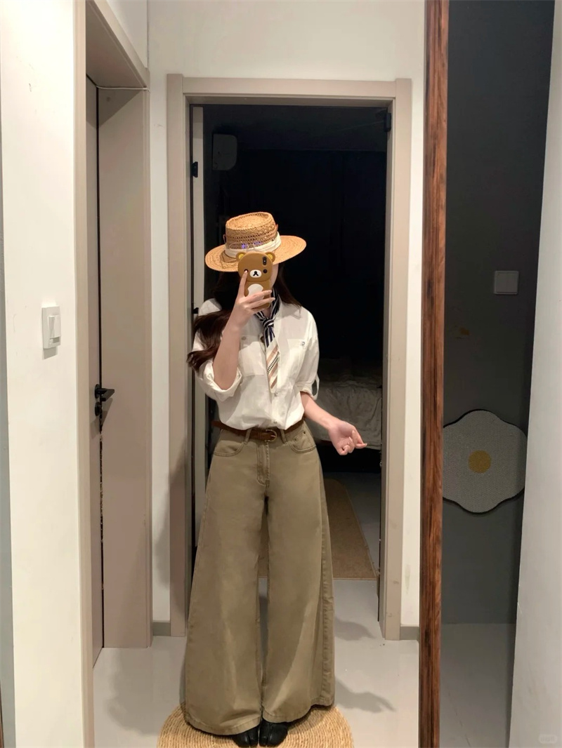 小個子美式復古卡其色直筒休閑闊腿牛仔褲女新款高腰寬松拖地長褲