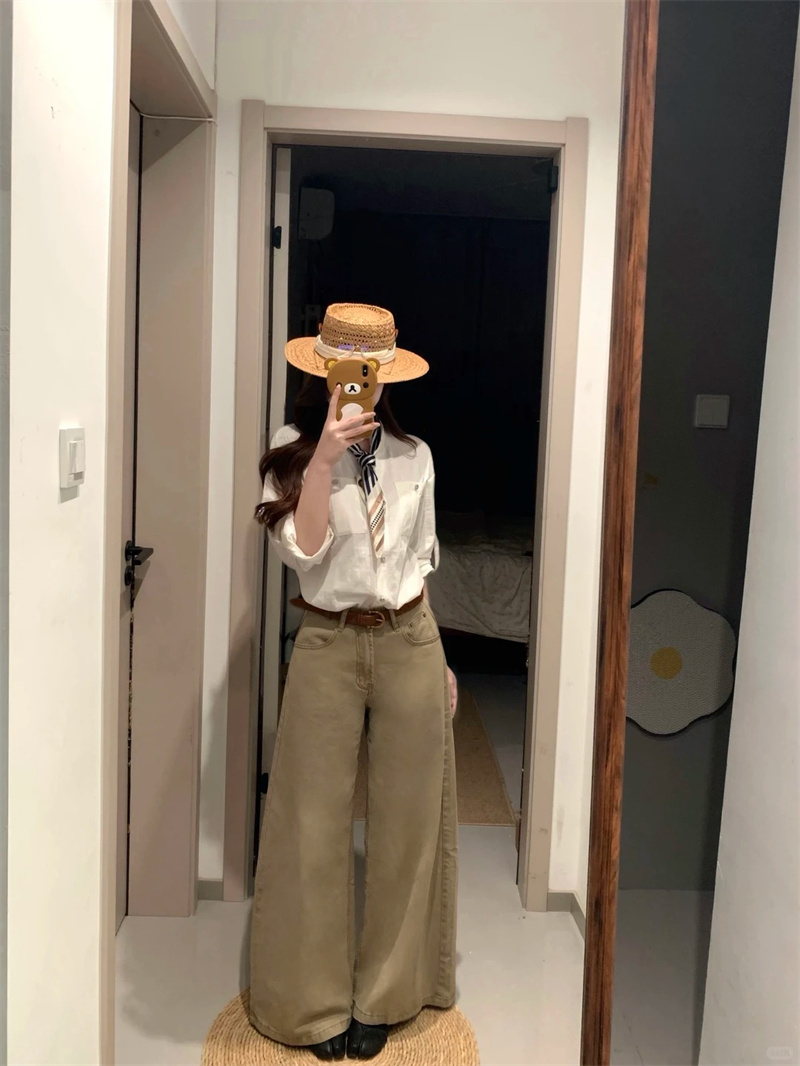 小個子美式復古卡其色直筒休閑闊腿牛仔褲女新款高腰寬松拖地長褲