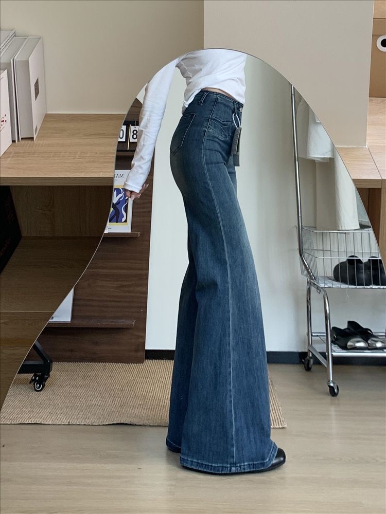 小個子美式高街闊腿微喇牛仔褲女設計感高腰彈力馬蹄喇叭長褲