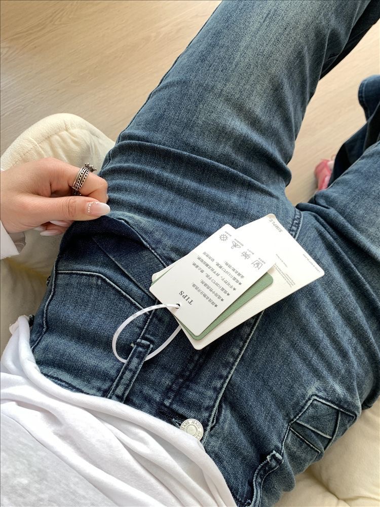 小個子美式高街闊腿微喇牛仔褲女設計感高腰彈力馬蹄喇叭長褲