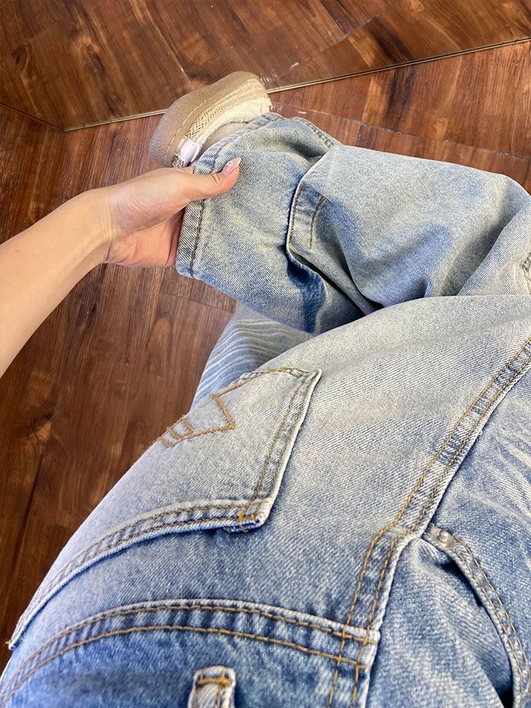 小個子復古刺繡彎刀闊腿牛仔褲女低腰寬松直筒顯瘦拖地長褲
