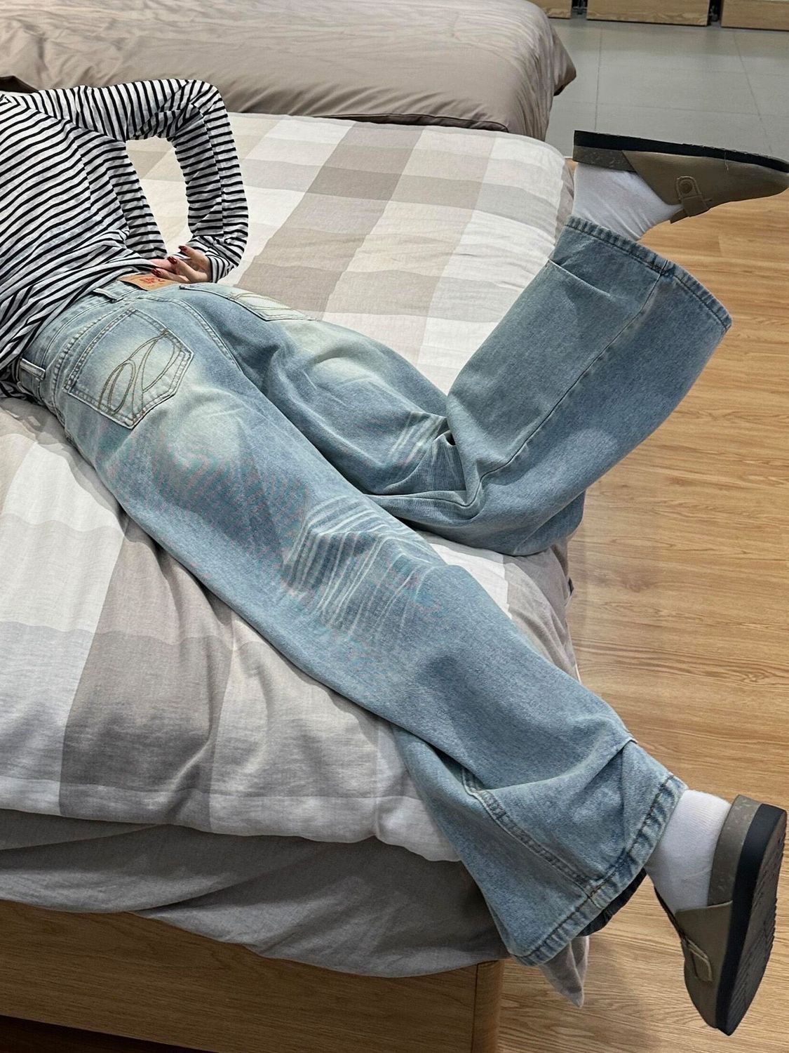 小個子美式復古口袋刺繡彎刀牛仔褲女新款高腰寬松顯瘦闊腿拖地褲