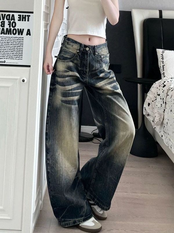 小個子美式水洗竹節紋彎刀牛仔褲女夏季設計感寬松顯瘦闊腿褲