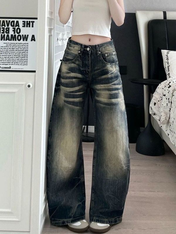 小個子美式水洗竹節紋彎刀牛仔褲女夏季設計感寬松顯瘦闊腿褲