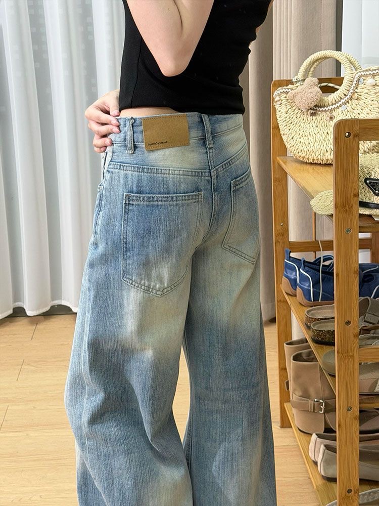小個子復古竹節紋彎刀牛仔褲女夏季高腰寬松直筒闊腿長褲