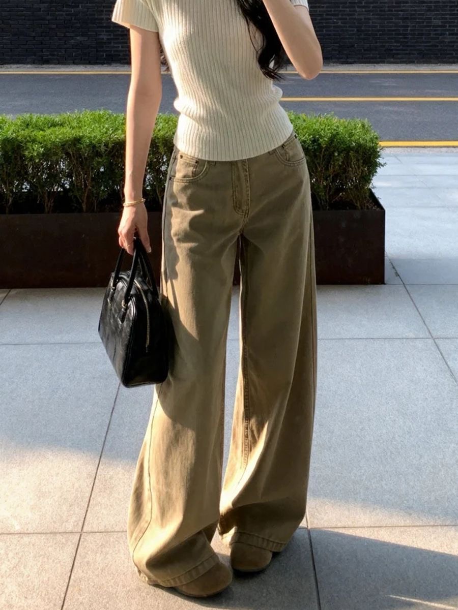 小個子卡其色美式寬松水洗闊腿牛仔褲女高腰顯瘦直筒拖地長褲