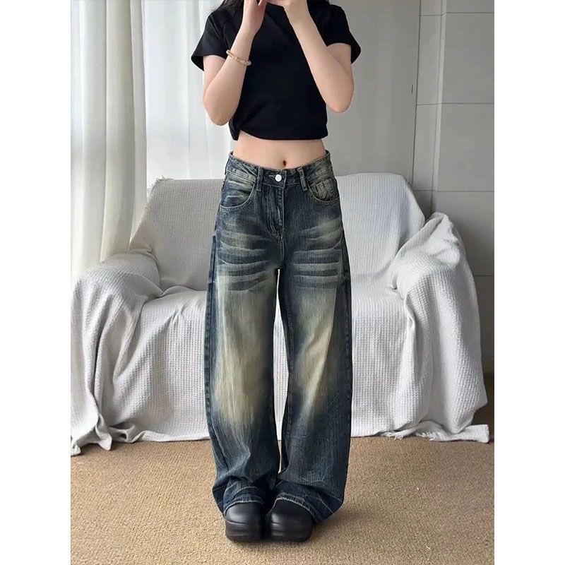 小個子美式高街復古水洗做舊牛仔褲女高腰寬松顯瘦闊腿彎刀褲