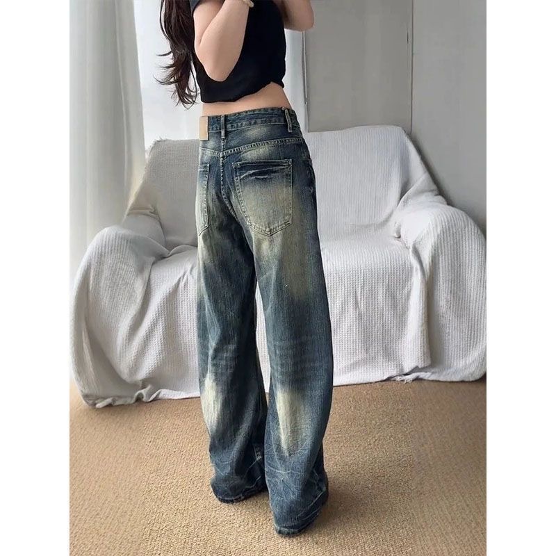 小個子美式高街復古水洗做舊牛仔褲女高腰寬松顯瘦闊腿彎刀褲