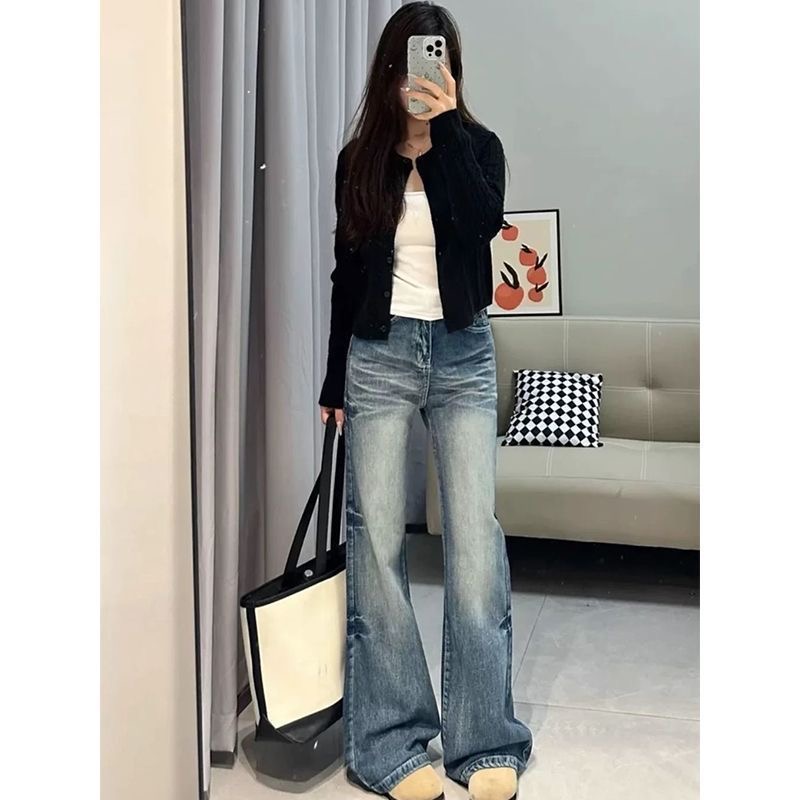 小個子復古設計感裂紋微喇牛仔褲女新款高腰寬松顯瘦喇叭闊腿長褲