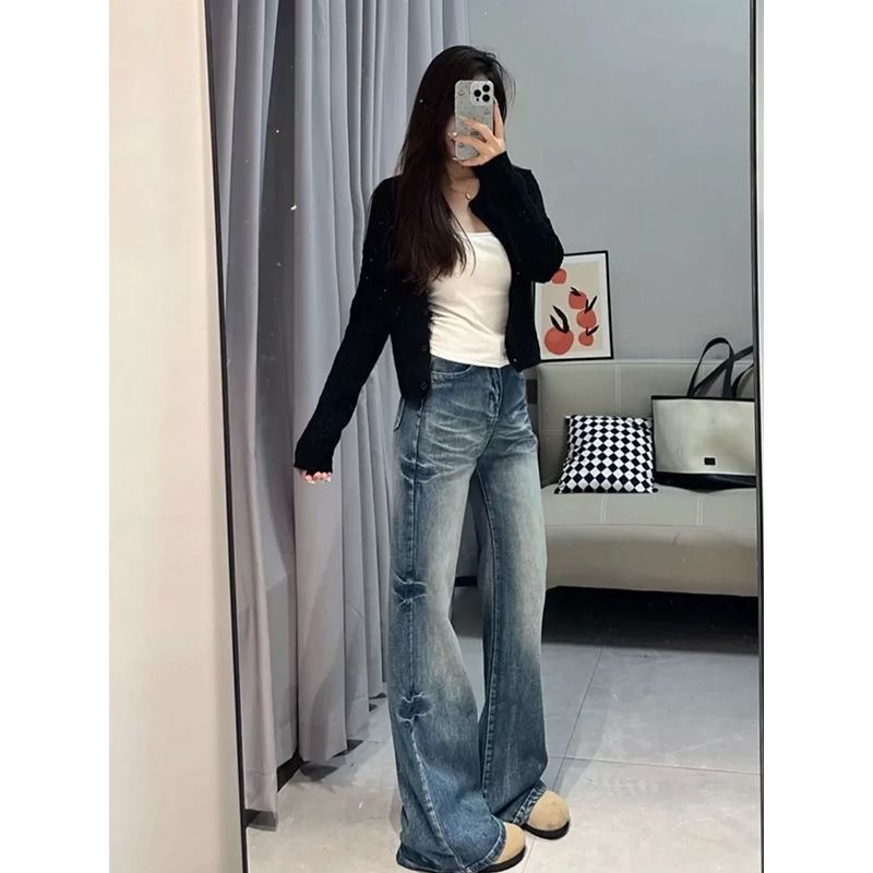 小個子復古設計感裂紋微喇牛仔褲女新款高腰寬松顯瘦喇叭闊腿長褲