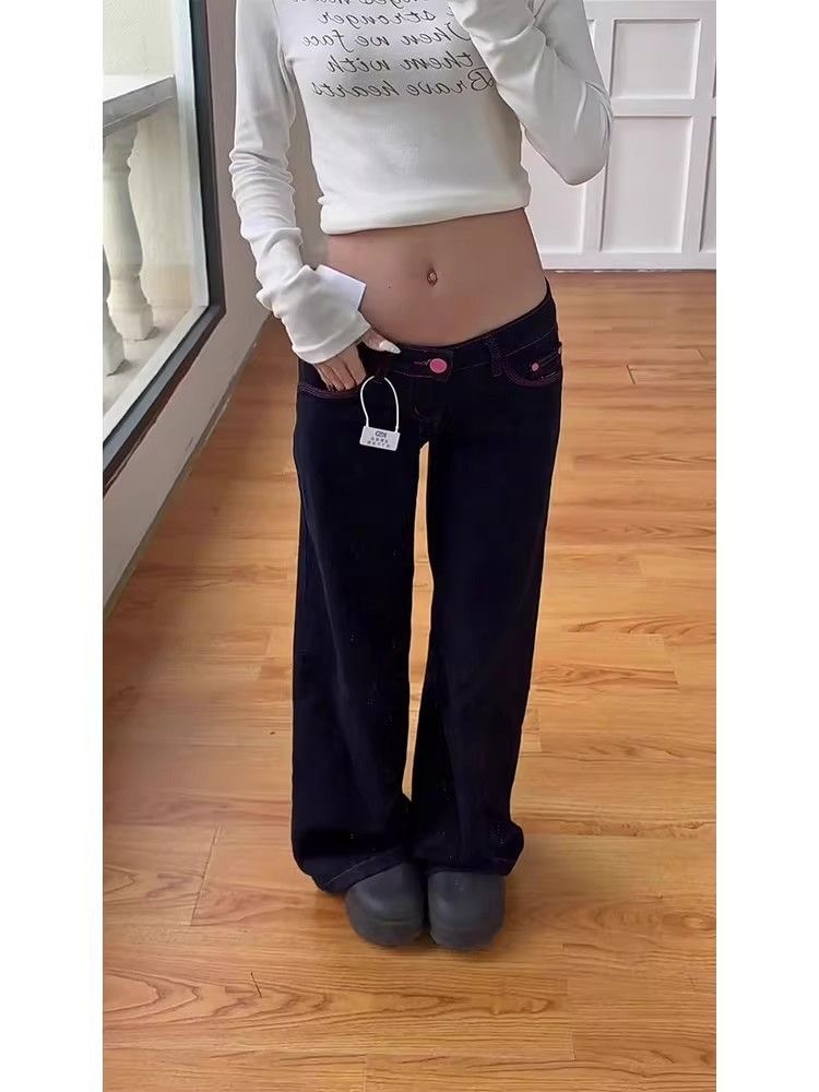 小個子美式復古深藍色低腰闊腿牛仔褲女夏季寬松顯瘦直筒拖地褲子