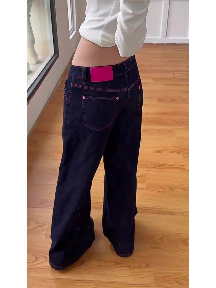 小個子美式復古深藍色低腰闊腿牛仔褲女夏季寬松顯瘦直筒拖地褲子