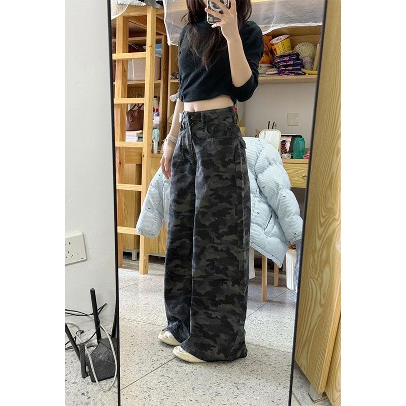 小個子美式工裝闊腿迷彩牛仔褲女新款高腰寬松顯瘦直筒拖地褲