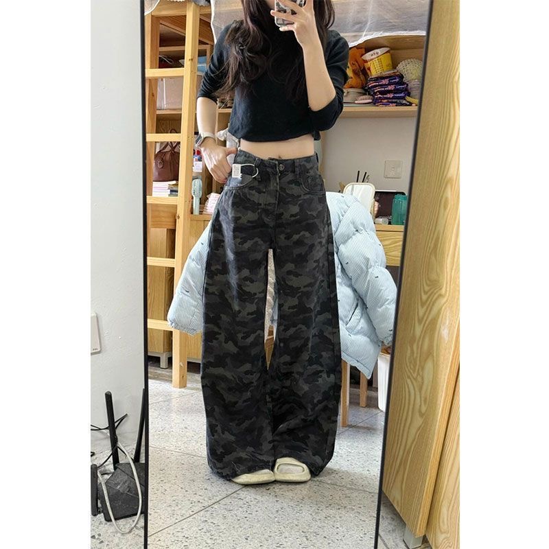 小個子美式工裝闊腿迷彩牛仔褲女新款高腰寬松顯瘦直筒拖地褲