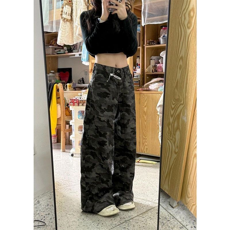 小個子美式工裝闊腿迷彩牛仔褲女新款高腰寬松顯瘦直筒拖地褲