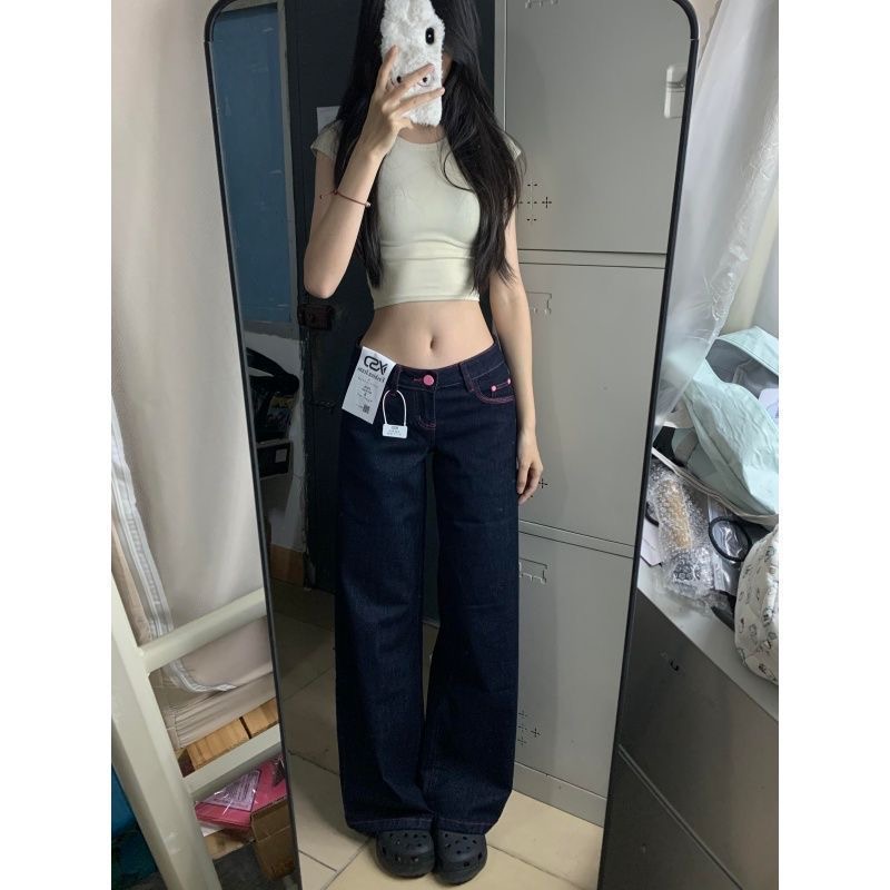 小個子復古闊腿牛仔褲女新款辣妹低腰寬松垂感百搭直筒褲