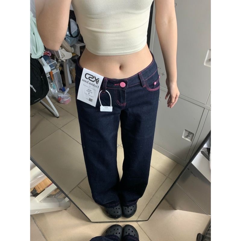 小個子復古闊腿牛仔褲女新款辣妹低腰寬松垂感百搭直筒褲
