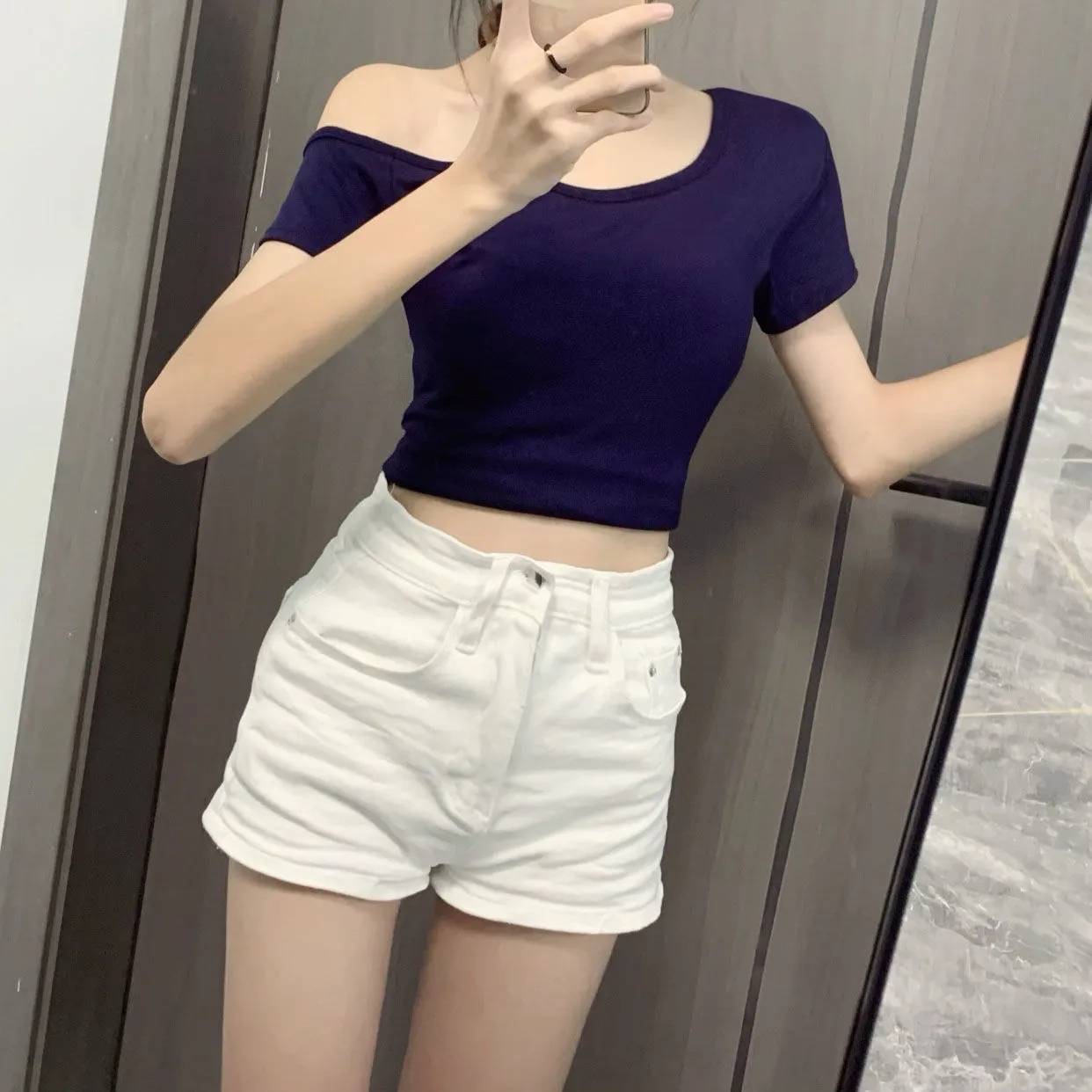 小個子美式辣妹白色高腰牛仔短褲女夏季緊身顯瘦百搭包臀熱褲